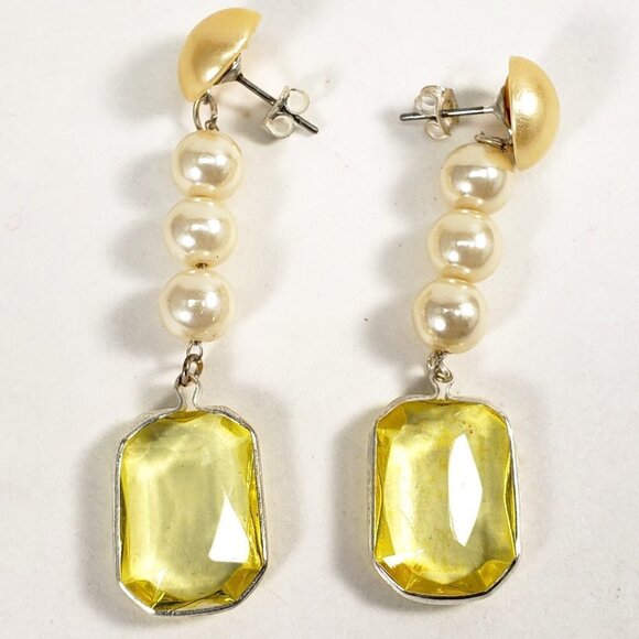 Off-White Bead Rectangular Shape Yellow Stone Post Drop Dangle Earrings - Women - Picture 1 of 6